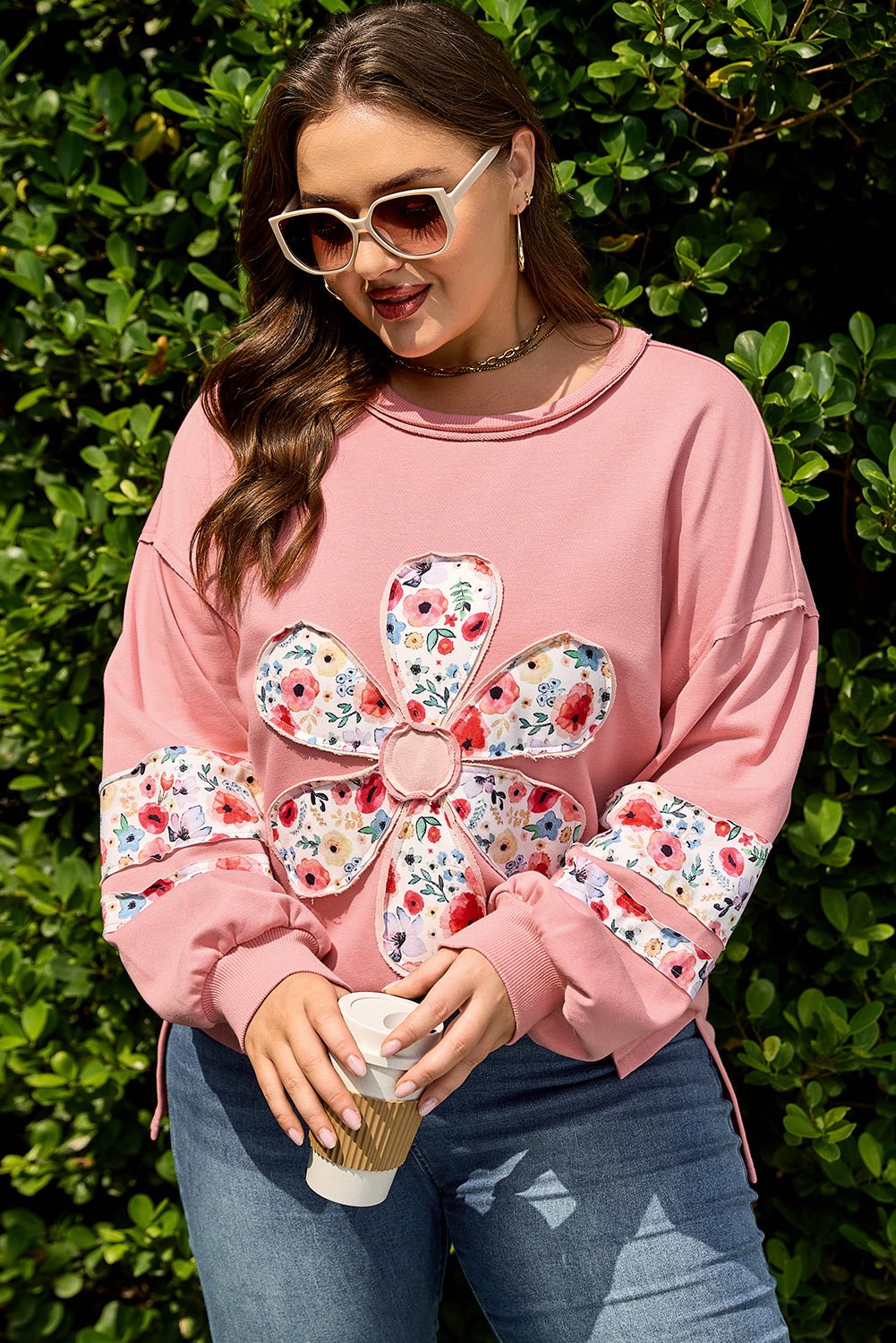 Plus Size Floral Applique Drop Shoulder Sweatshirt - Rooted & Reckless Co.