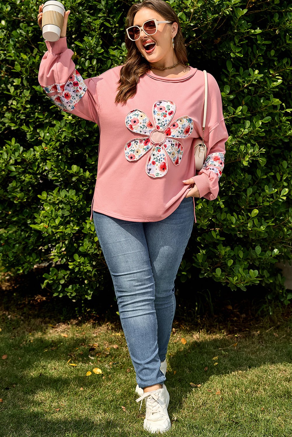 Plus Size Floral Applique Drop Shoulder Sweatshirt - Rooted & Reckless Co.