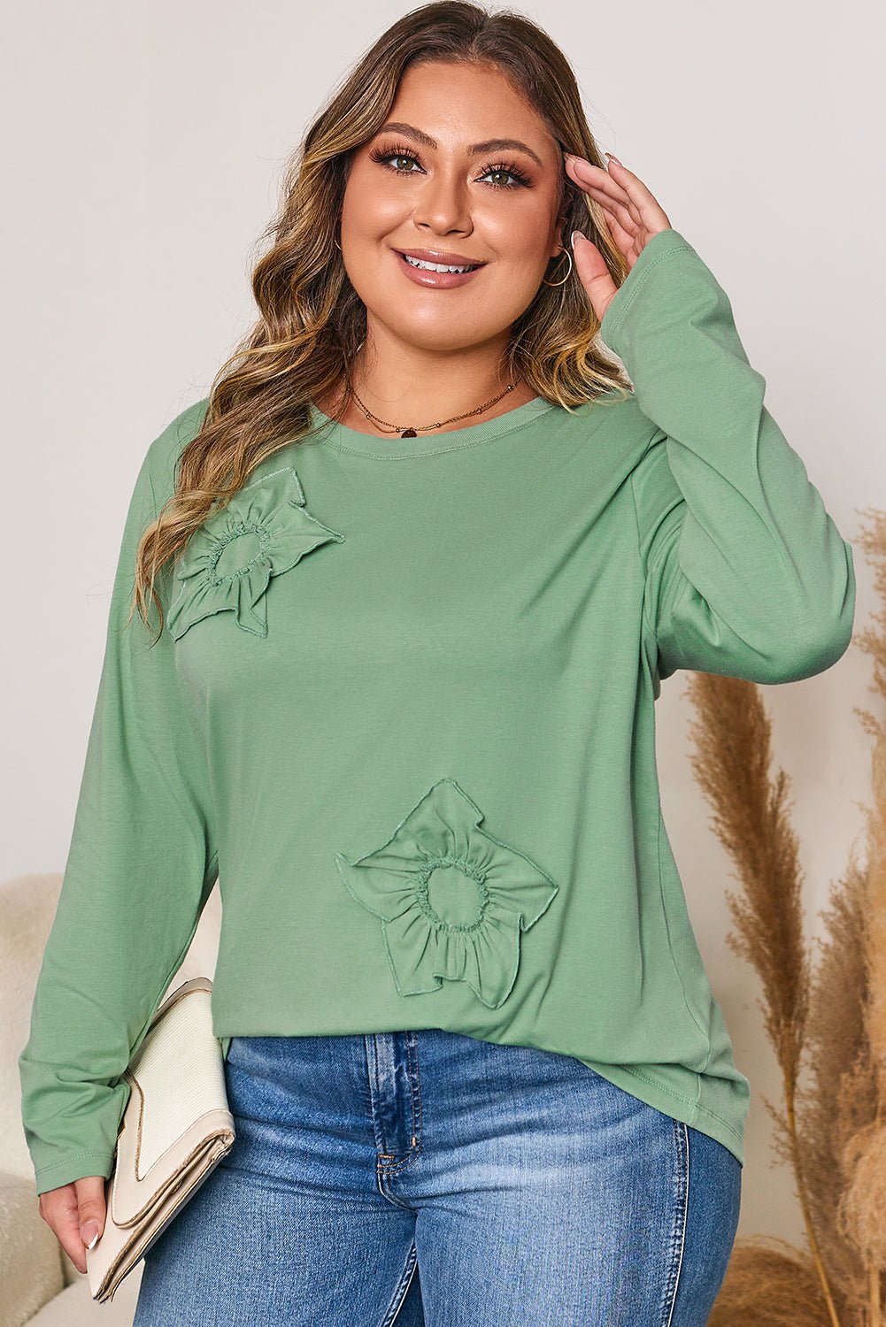 Plus Size Floral Applique Mineral Wash Long Sleeve Top - Rooted & Reckless Co.
