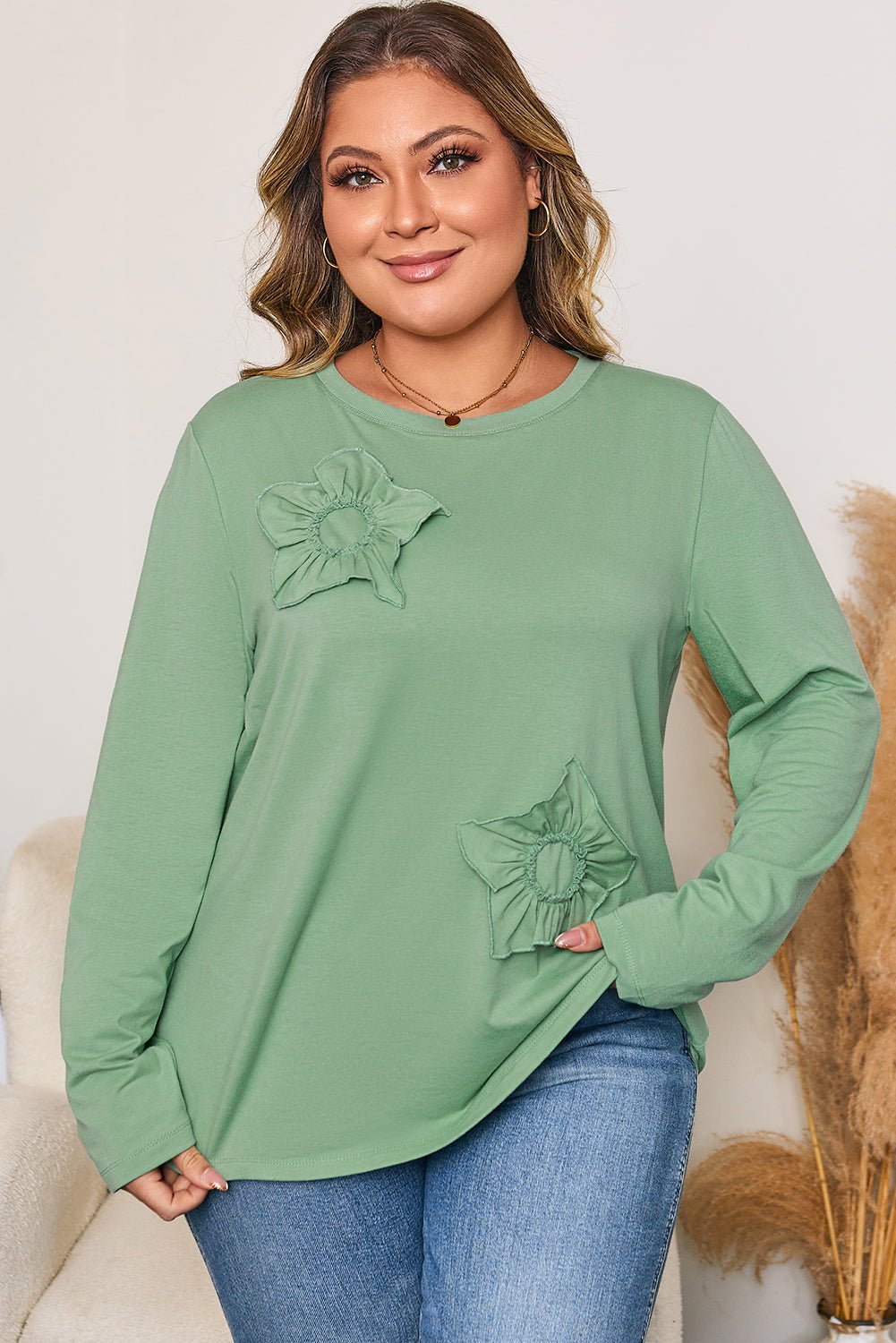 Plus Size Floral Applique Mineral Wash Long Sleeve Top - Rooted & Reckless Co.