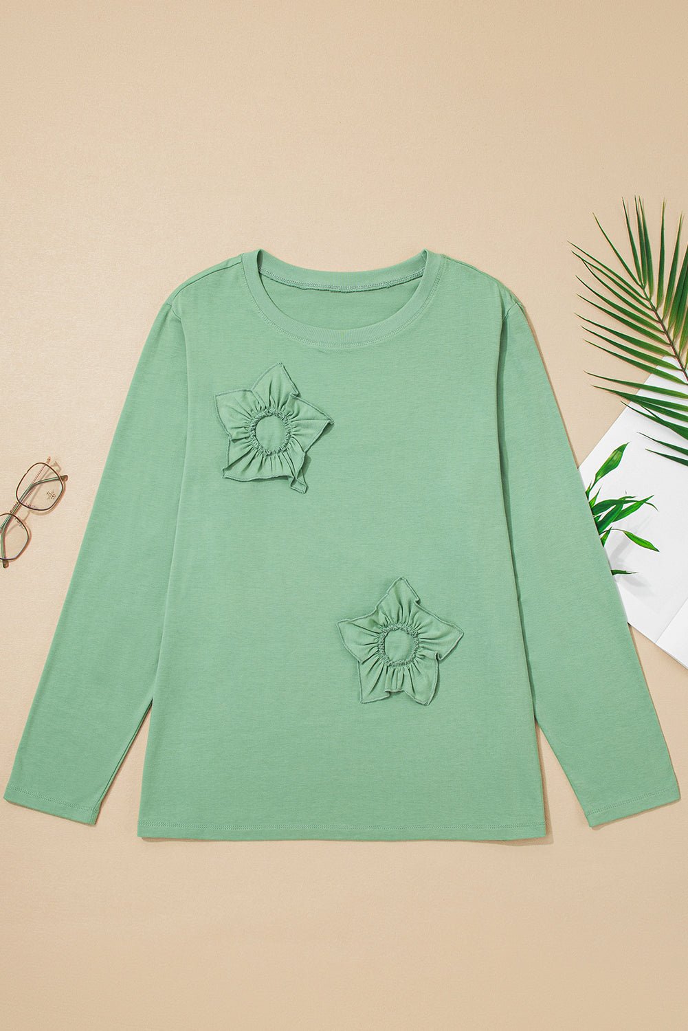Plus Size Floral Applique Mineral Wash Long Sleeve Top - Rooted & Reckless Co.