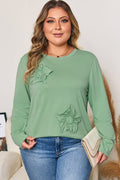 Plus Size Floral Applique Mineral Wash Long Sleeve Top - Rooted & Reckless Co.