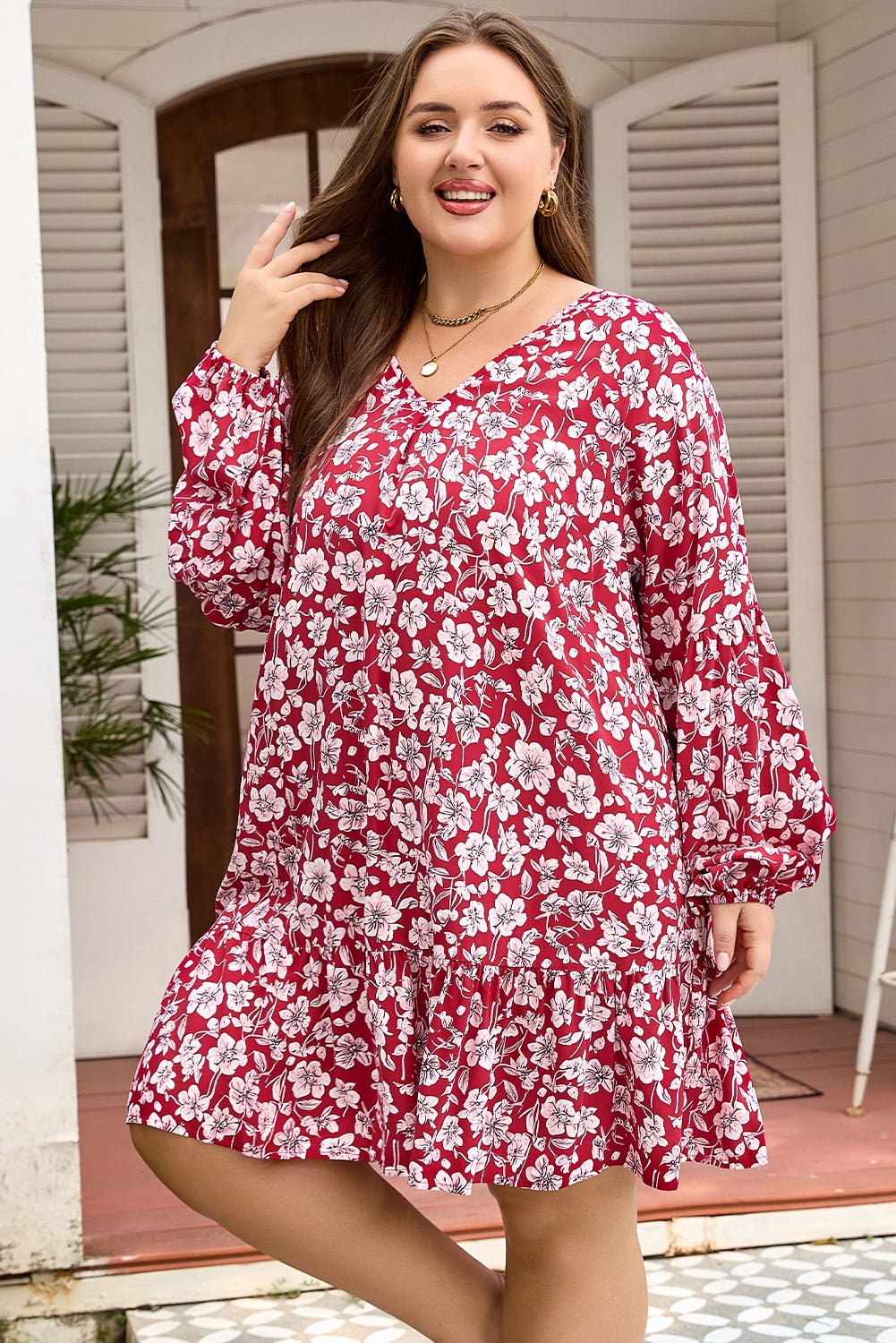Plus Size Floral Balloon Sleeve V-Neck Mini Dress - Rooted & Reckless Co.