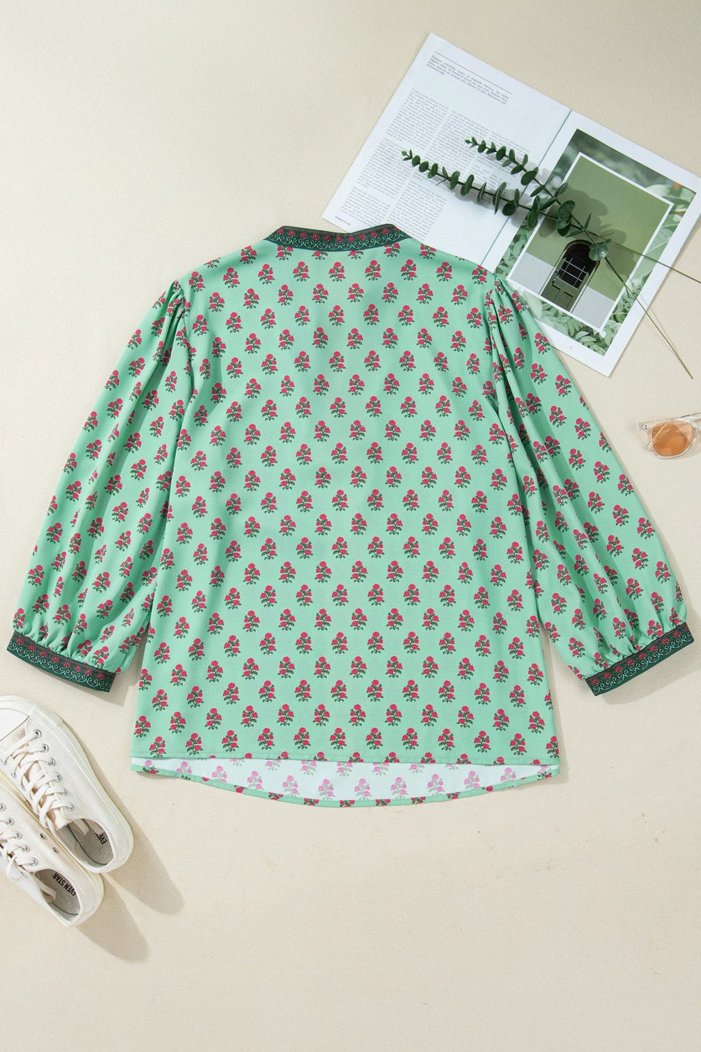 Plus Size Floral Contrast Trim V-Neck Blouse - Rooted & Reckless Co.