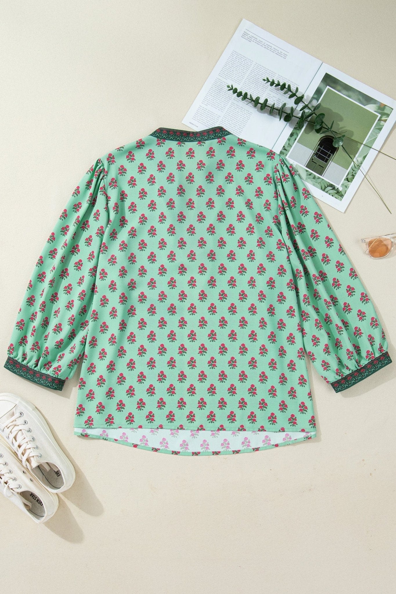 Plus Size Floral Contrast Trim V-Neck Blouse - Rooted & Reckless Co.