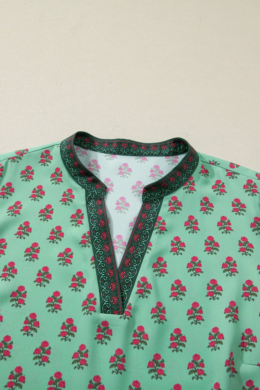 Plus Size Floral Contrast Trim V-Neck Blouse - Rooted & Reckless Co.