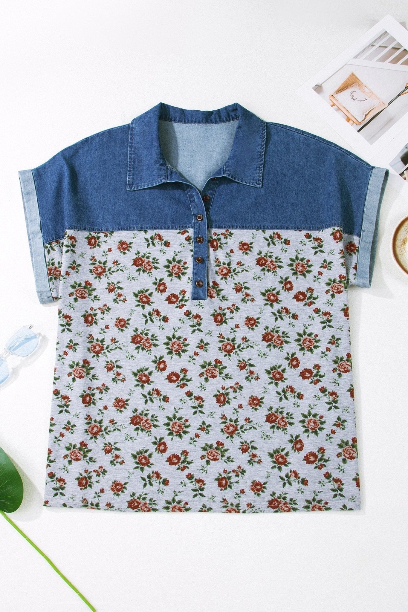 Plus Size Floral Denim Patchwork Polo Tee - Rooted & Reckless Co.