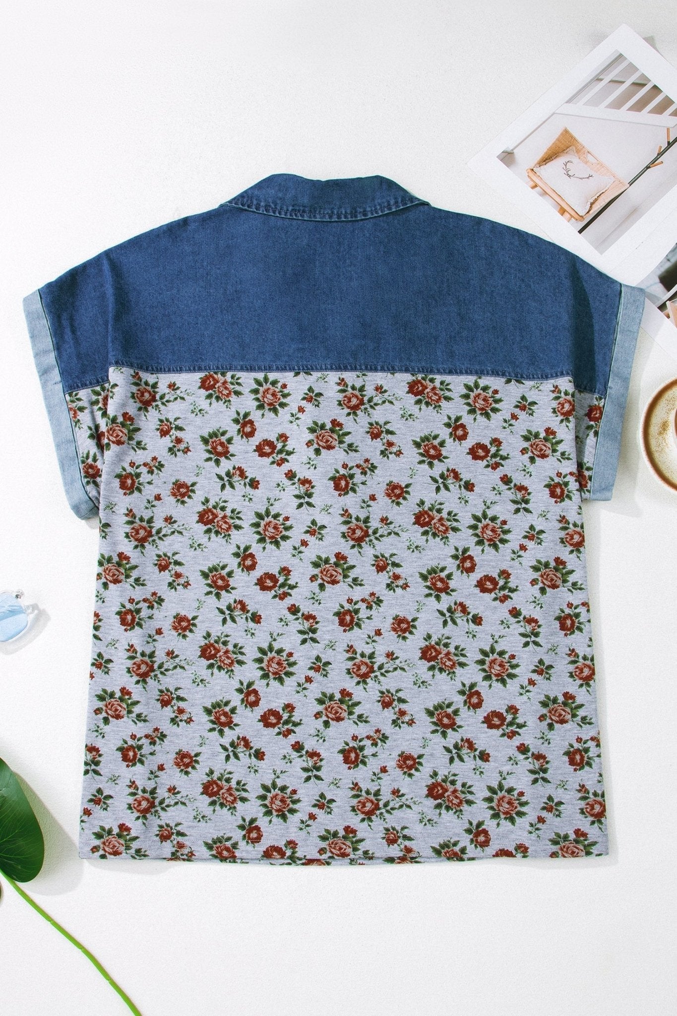Plus Size Floral Denim Patchwork Polo Tee - Rooted & Reckless Co.
