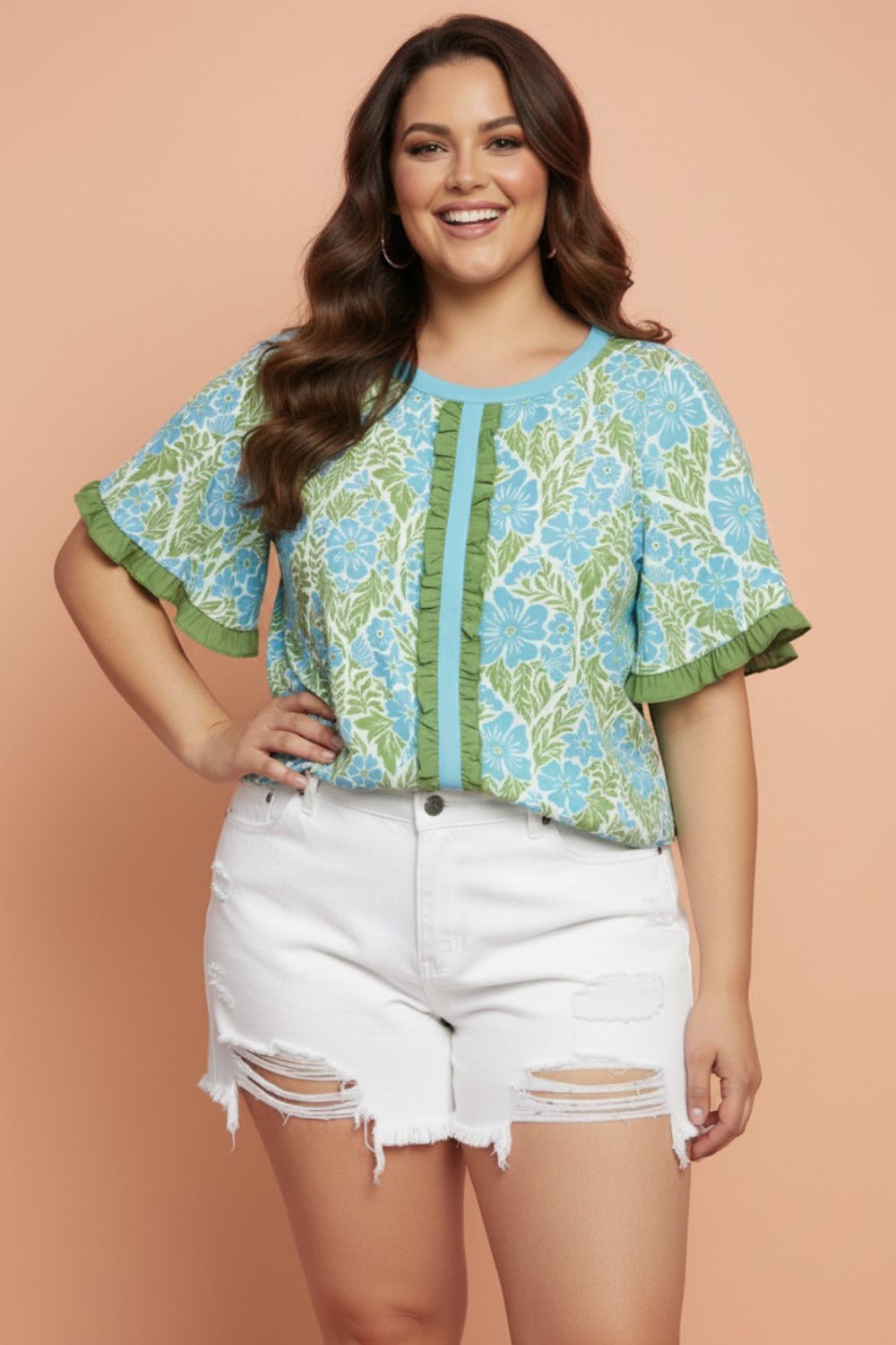 Plus Size Floral Frilled Colorblock Trim Blouse - Rooted & Reckless Co.