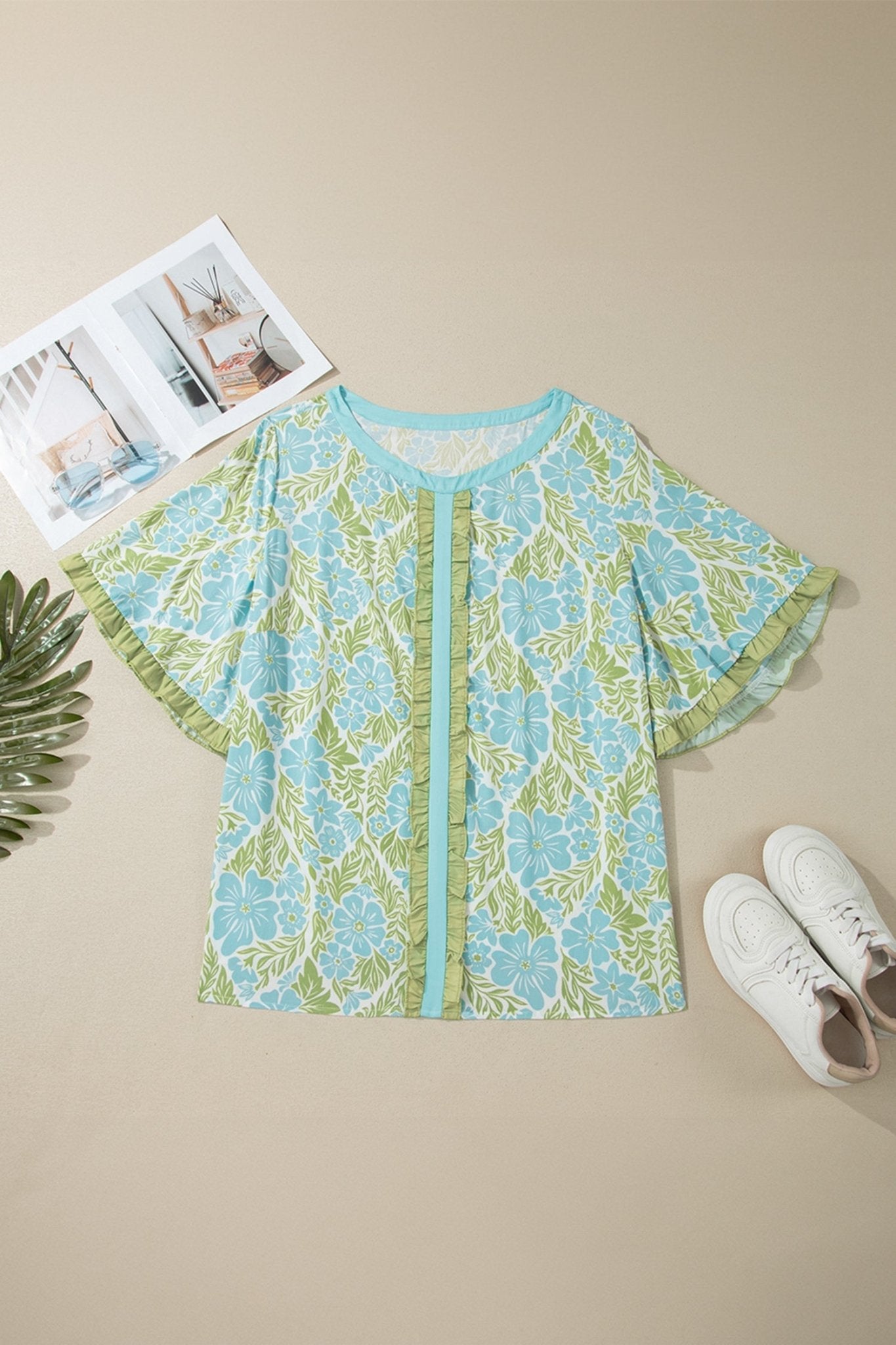 Plus Size Floral Frilled Colorblock Trim Blouse - Rooted & Reckless Co.