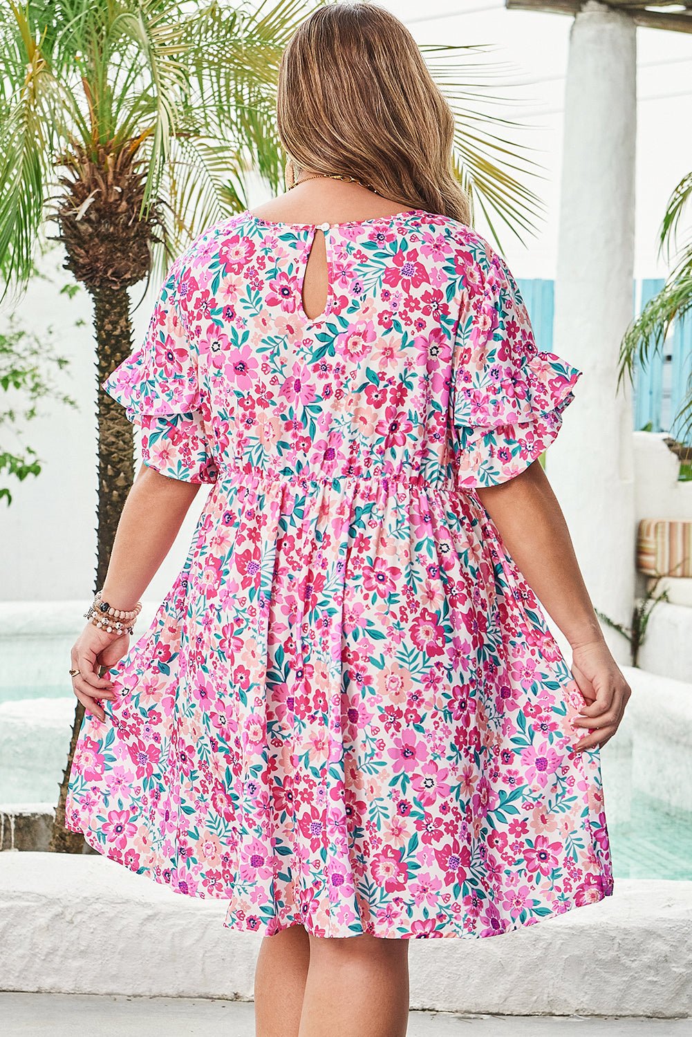 Plus Size Floral Frilled Short Sleeve Mini Dress - Rooted & Reckless Co.
