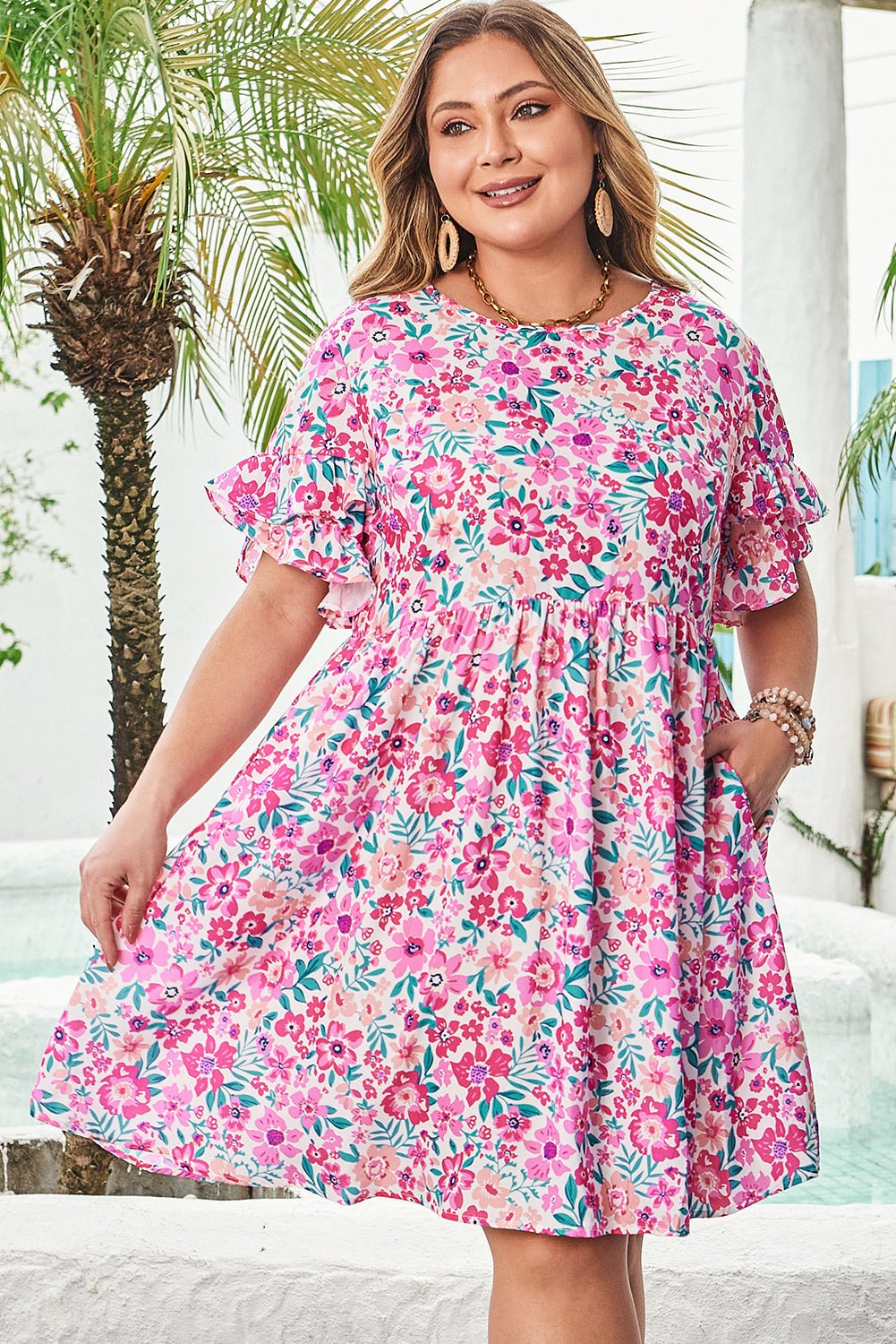 Plus Size Floral Frilled Short Sleeve Mini Dress - Rooted & Reckless Co.