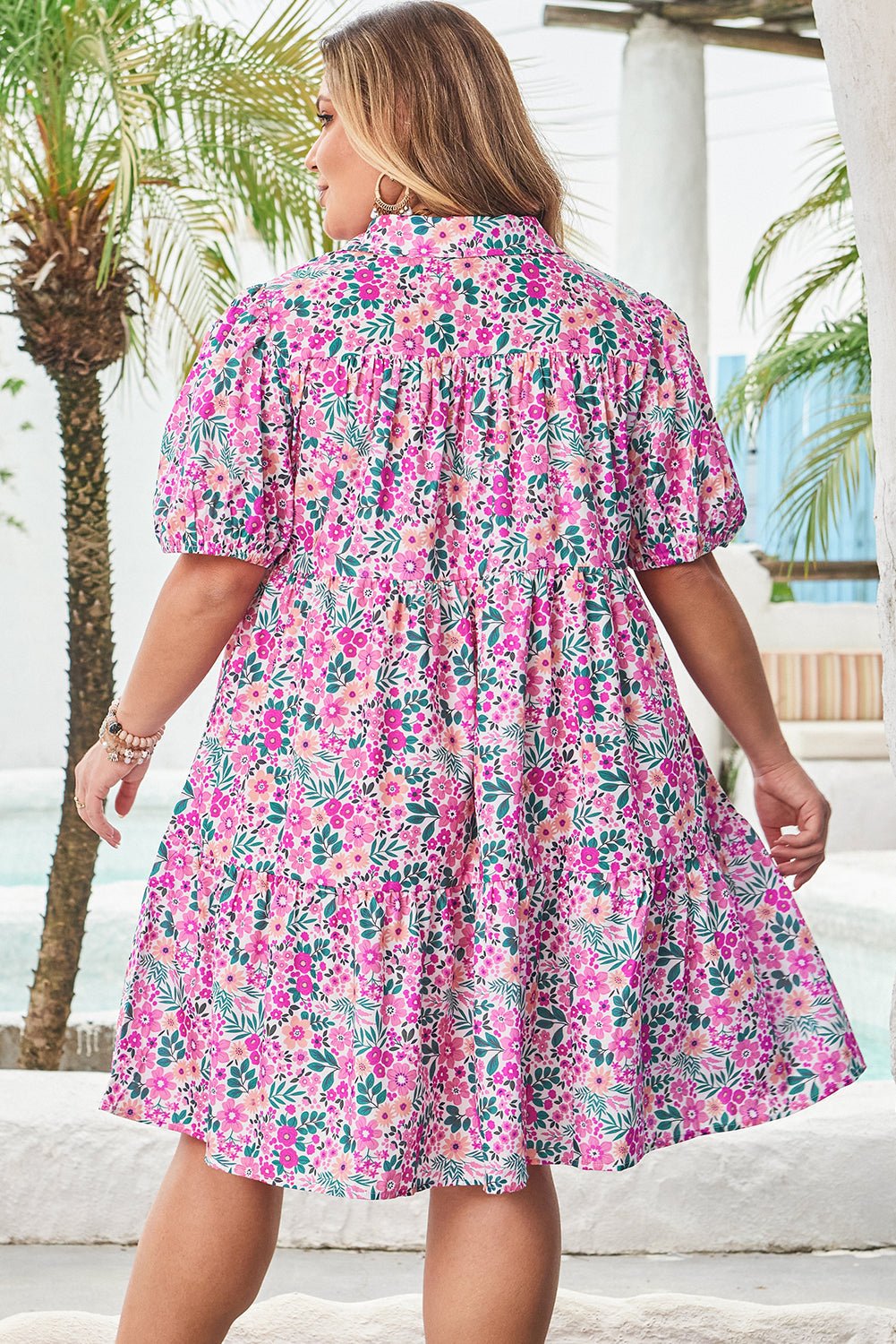 Plus Size Floral Half-Button Puff Sleeve Dress - Rooted & Reckless Co.