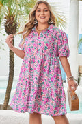 Plus Size Floral Half-Button Puff Sleeve Dress - Rooted & Reckless Co.