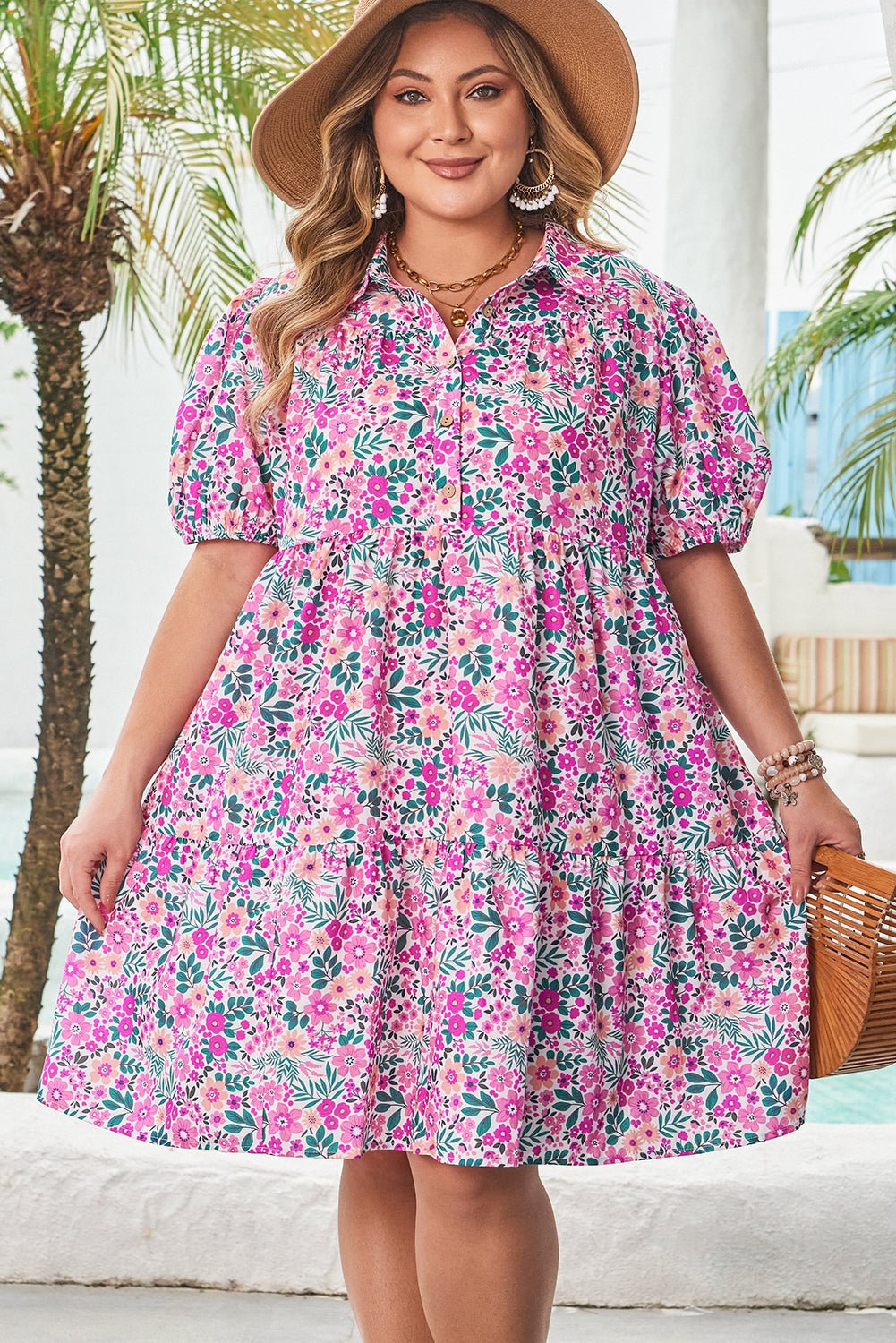 Plus Size Floral Half-Button Puff Sleeve Dress - Rooted & Reckless Co.