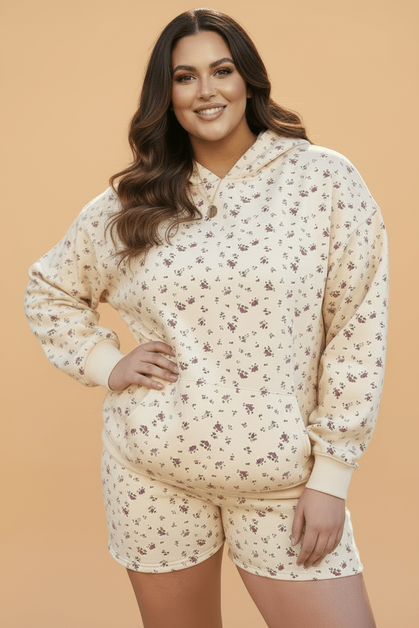 Plus Size Floral Kangaroo Pocket Hoodie Top & Shorts Set - Rooted & Reckless Co.