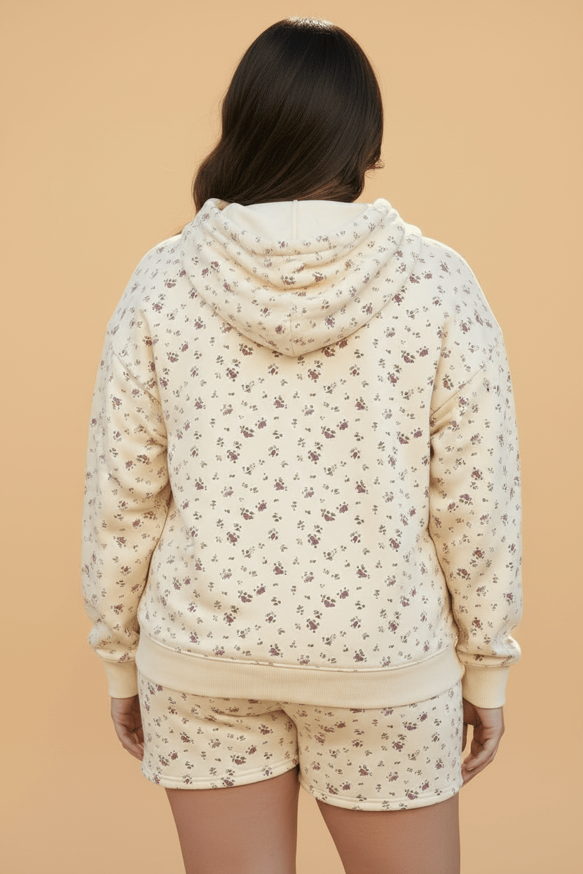 Plus Size Floral Kangaroo Pocket Hoodie Top & Shorts Set - Rooted & Reckless Co.