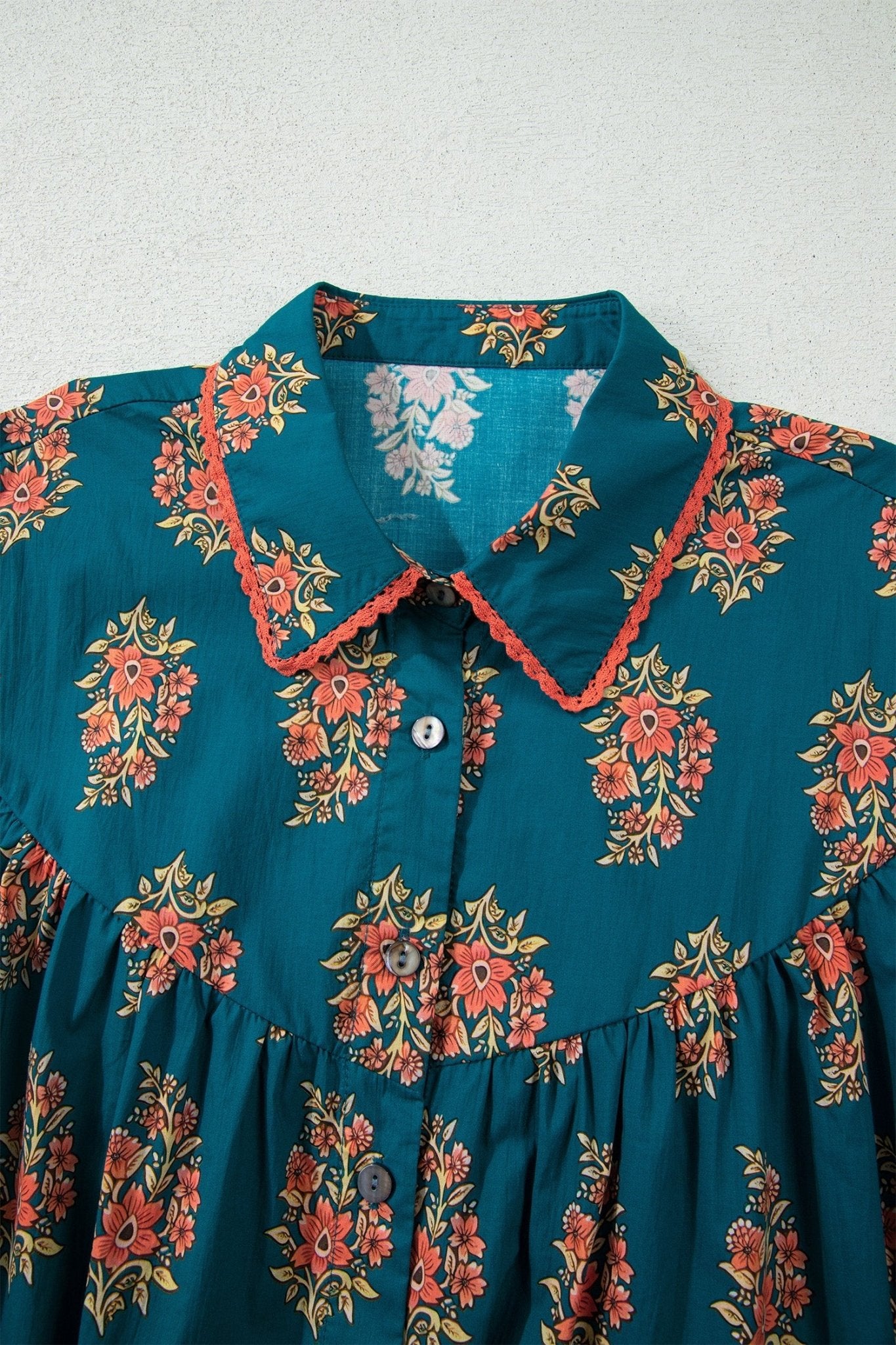 Plus Size Floral Lace Trim Pleated Buttoned Shirt - Rooted & Reckless Co.