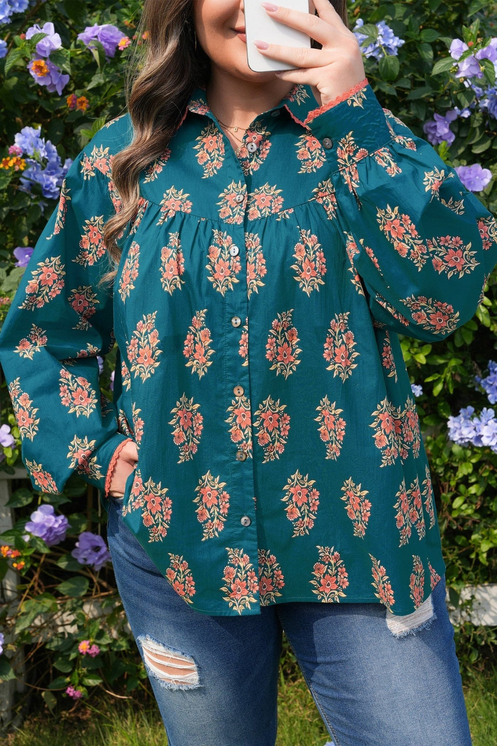 Plus Size Floral Lace Trim Pleated Buttoned Shirt - Rooted & Reckless Co.