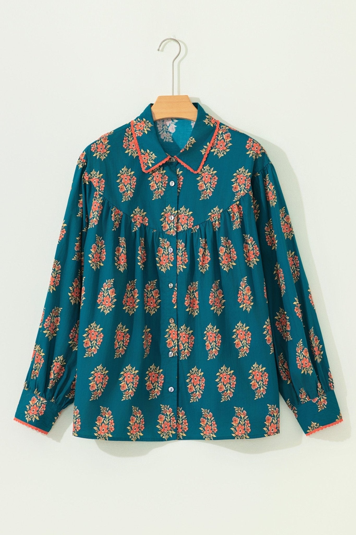 Plus Size Floral Lace Trim Pleated Buttoned Shirt - Rooted & Reckless Co.