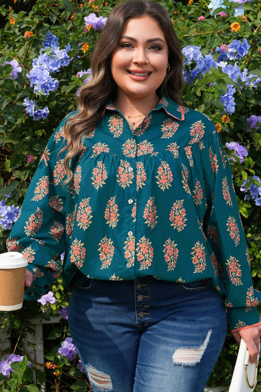 Plus Size Floral Lace Trim Pleated Buttoned Shirt - Rooted & Reckless Co.