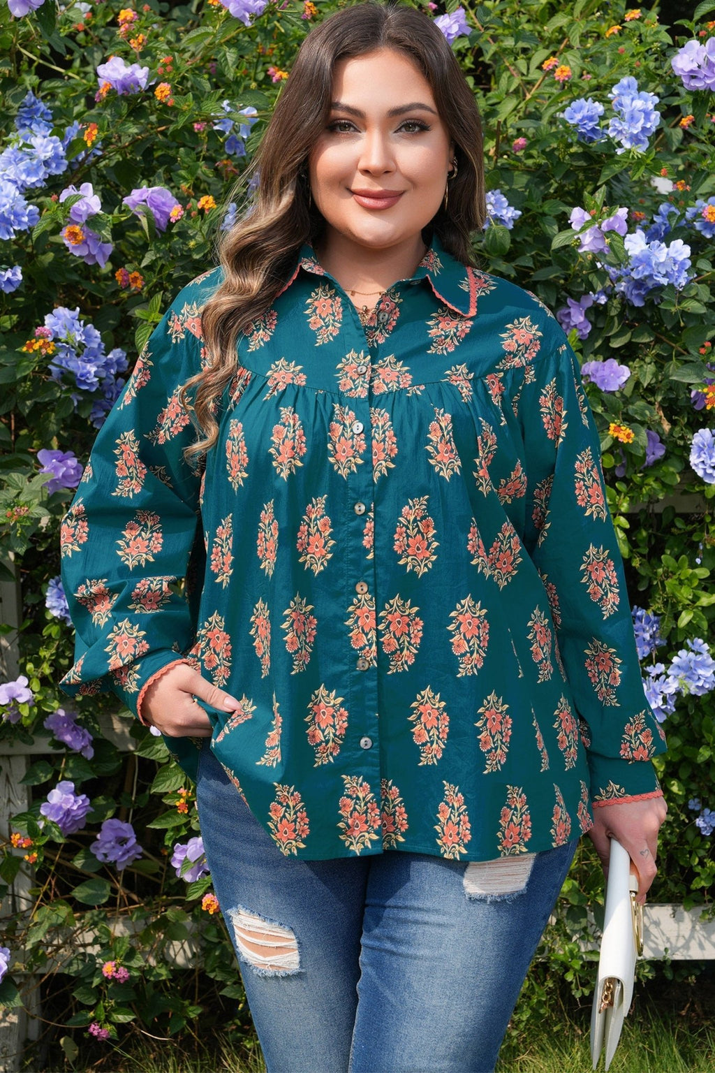 Plus Size Floral Lace Trim Pleated Buttoned Shirt - Rooted & Reckless Co.