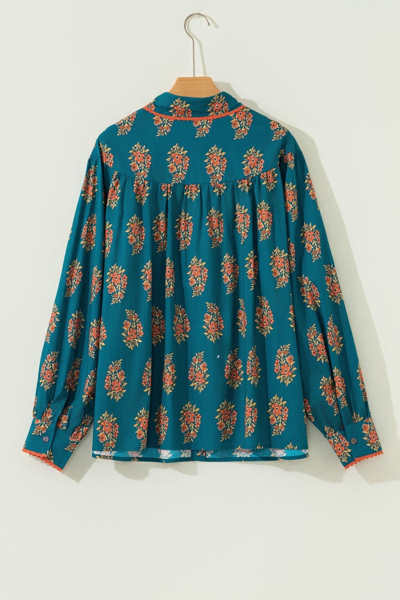 Plus Size Floral Lace Trim Pleated Buttoned Shirt - Rooted & Reckless Co.