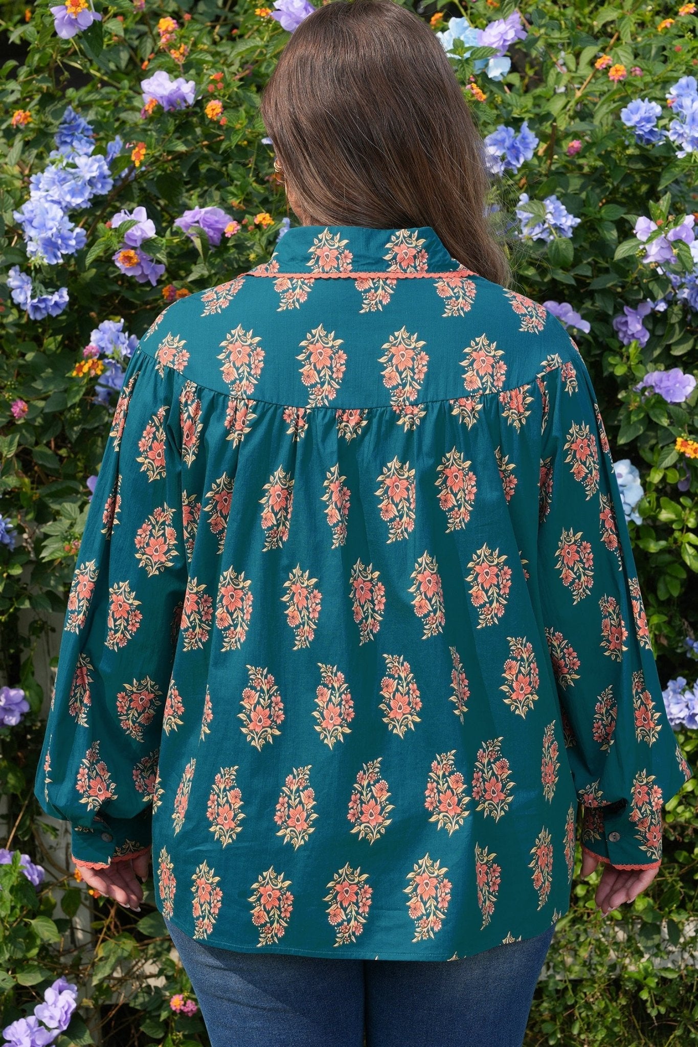 Plus Size Floral Lace Trim Pleated Buttoned Shirt - Rooted & Reckless Co.