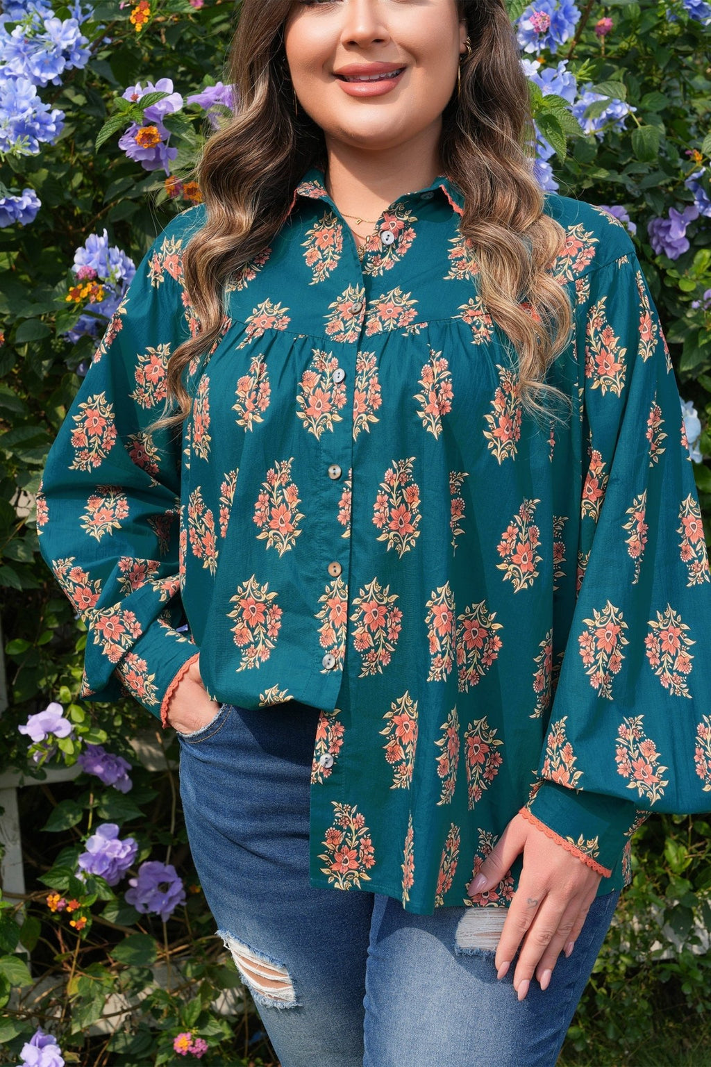 Plus Size Floral Lace Trim Pleated Buttoned Shirt - Rooted & Reckless Co.