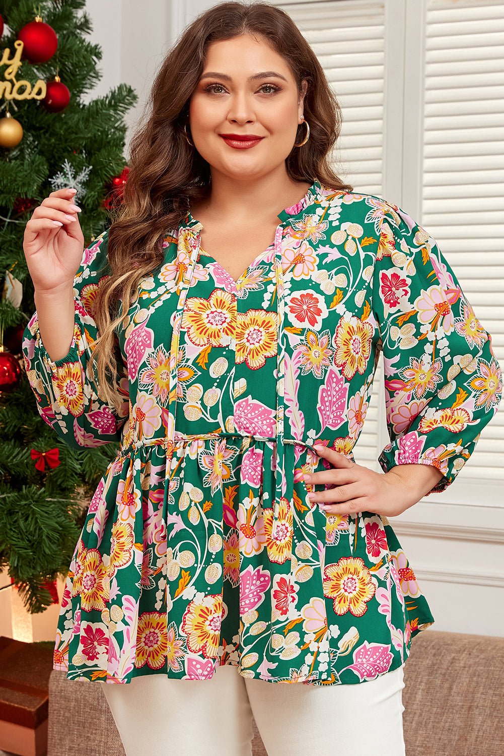 Plus Size Floral Long Sleeve V-Neck Babydoll Top - Rooted & Reckless Co.