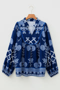 Plus Size Floral Notch Neck Long Sleeve Blouse - Rooted & Reckless Co.