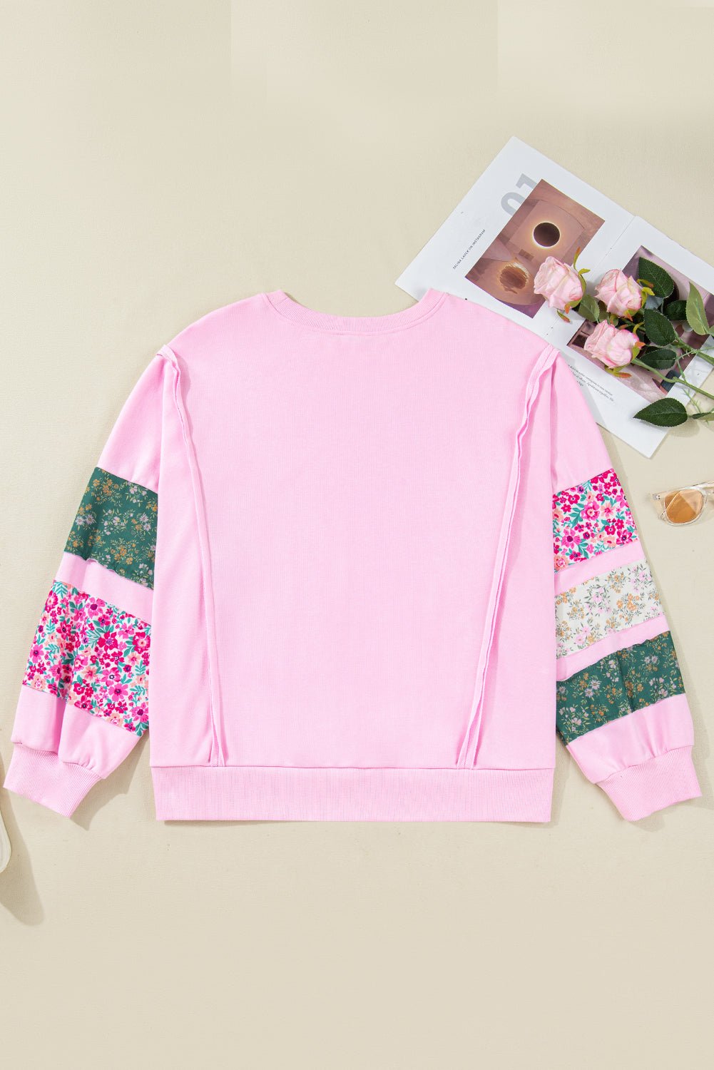 Plus Size Floral Patch Sleeve Ribbed Trim Sweatshirt - Rooted & Reckless Co.