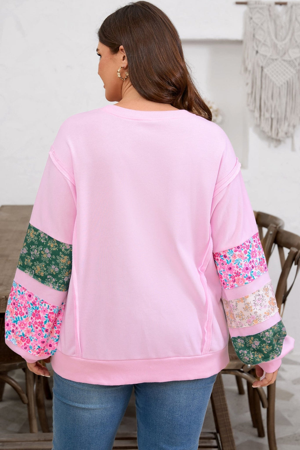 Plus Size Floral Patch Sleeve Ribbed Trim Sweatshirt - Rooted & Reckless Co.
