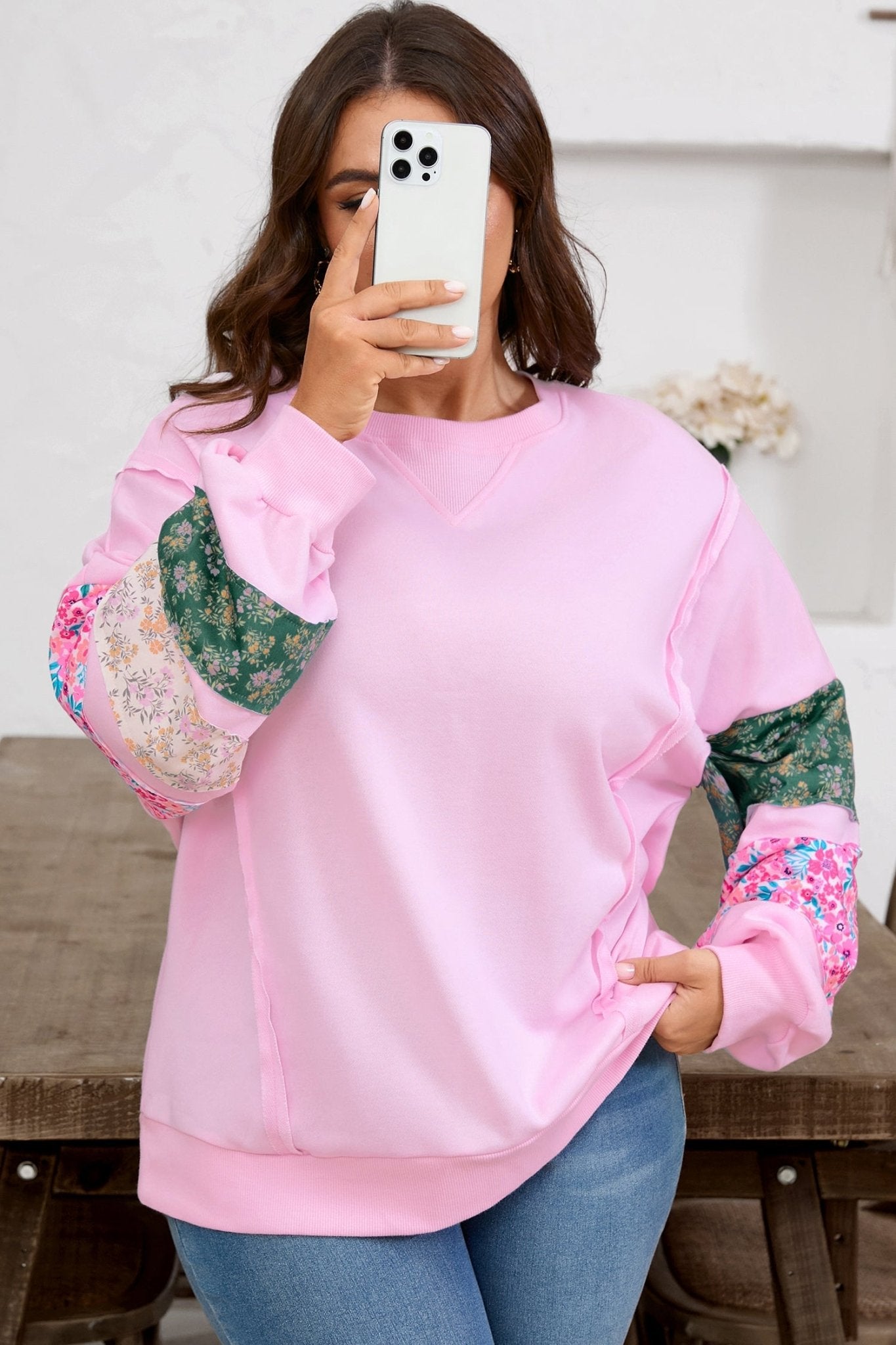 Plus Size Floral Patch Sleeve Ribbed Trim Sweatshirt - Rooted & Reckless Co.
