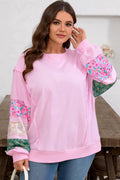 Plus Size Floral Patch Sleeve Ribbed Trim Sweatshirt - Rooted & Reckless Co.