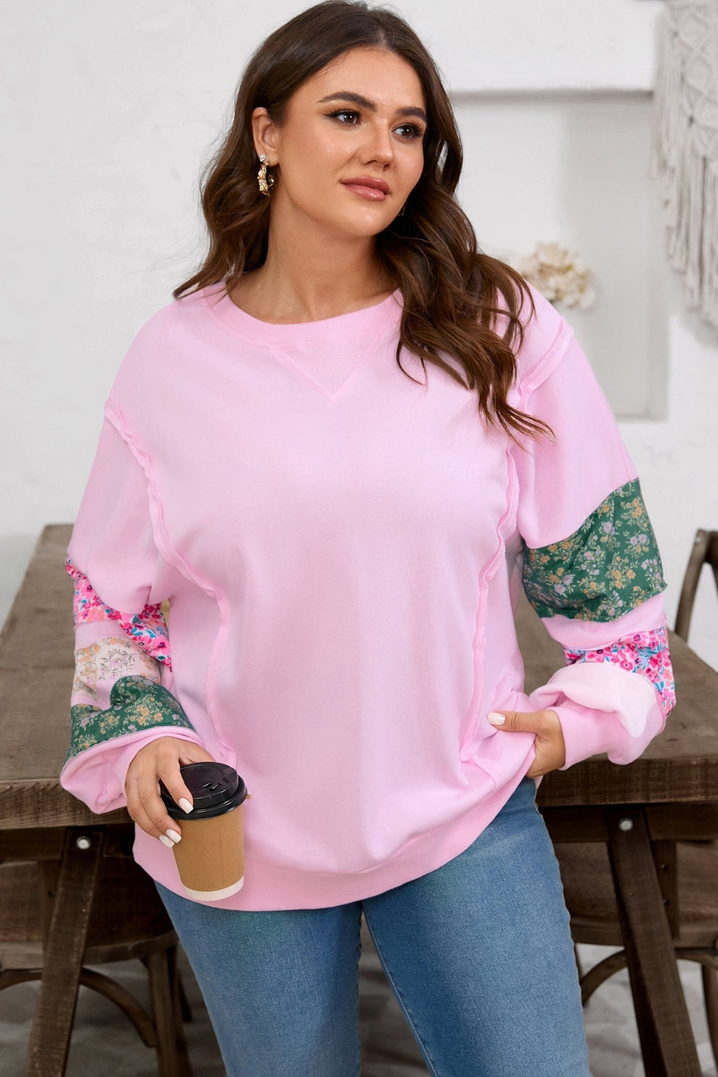 Plus Size Floral Patch Sleeve Ribbed Trim Sweatshirt - Rooted & Reckless Co.