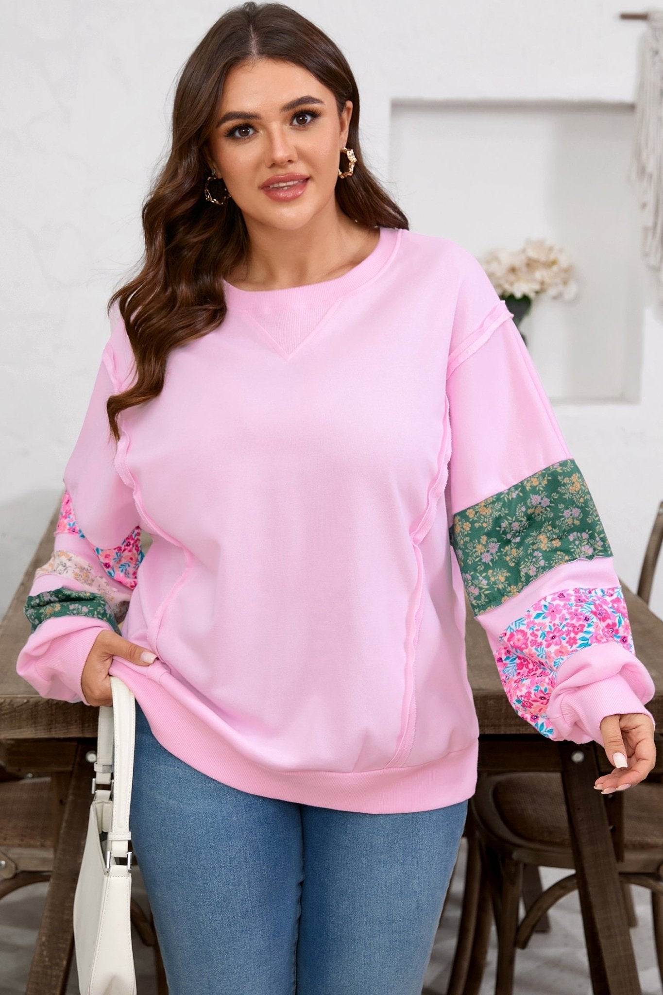 Plus Size Floral Patch Sleeve Ribbed Trim Sweatshirt - Rooted & Reckless Co.