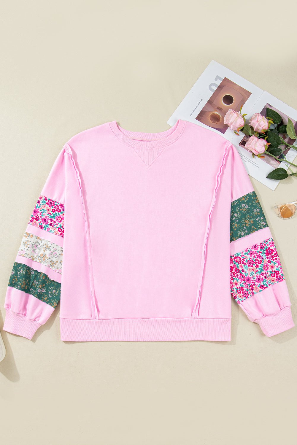 Plus Size Floral Patch Sleeve Ribbed Trim Sweatshirt - Rooted & Reckless Co.