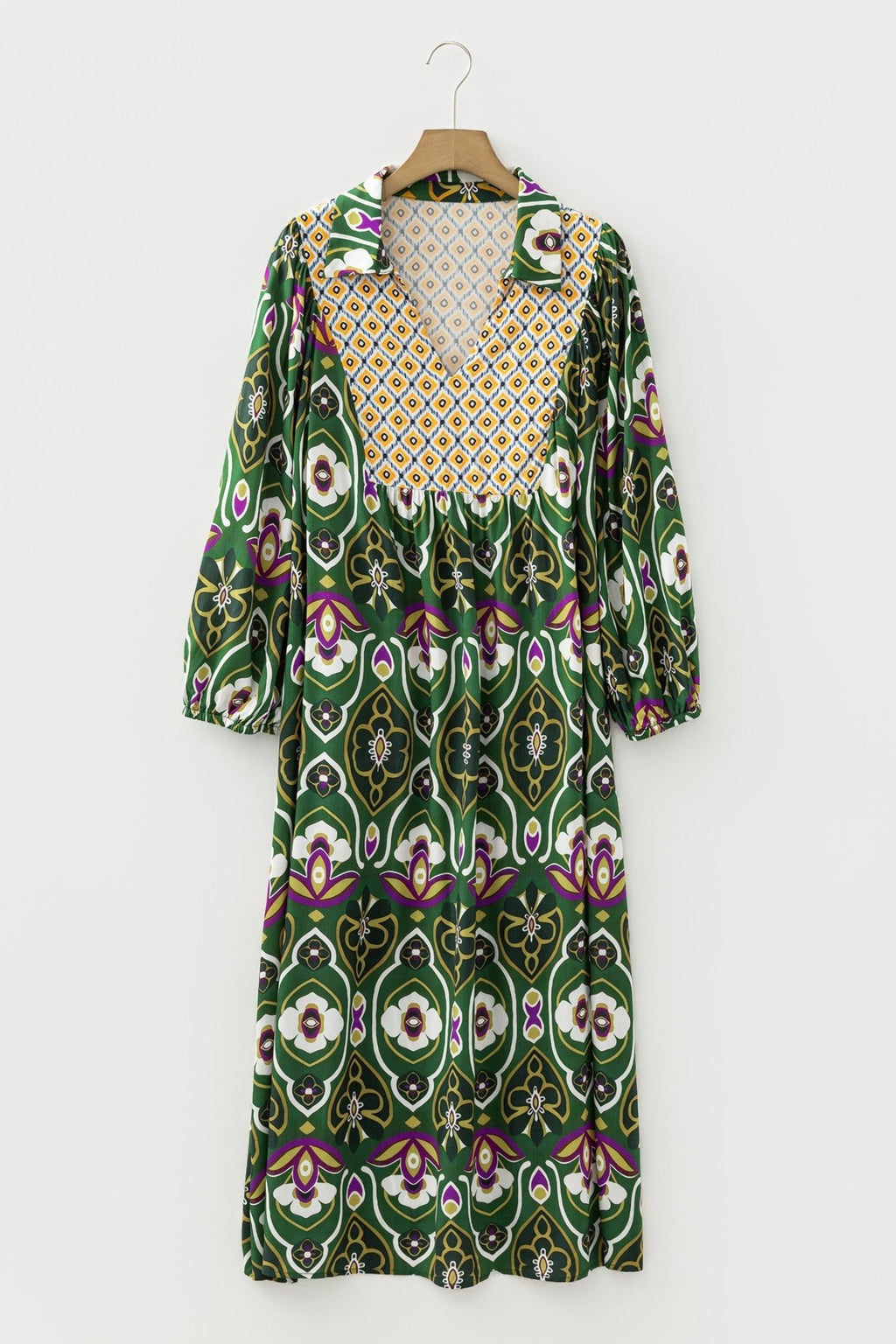 Plus Size Floral Patchwork Collared V-Neck Maxi Dress - Rooted & Reckless Co.