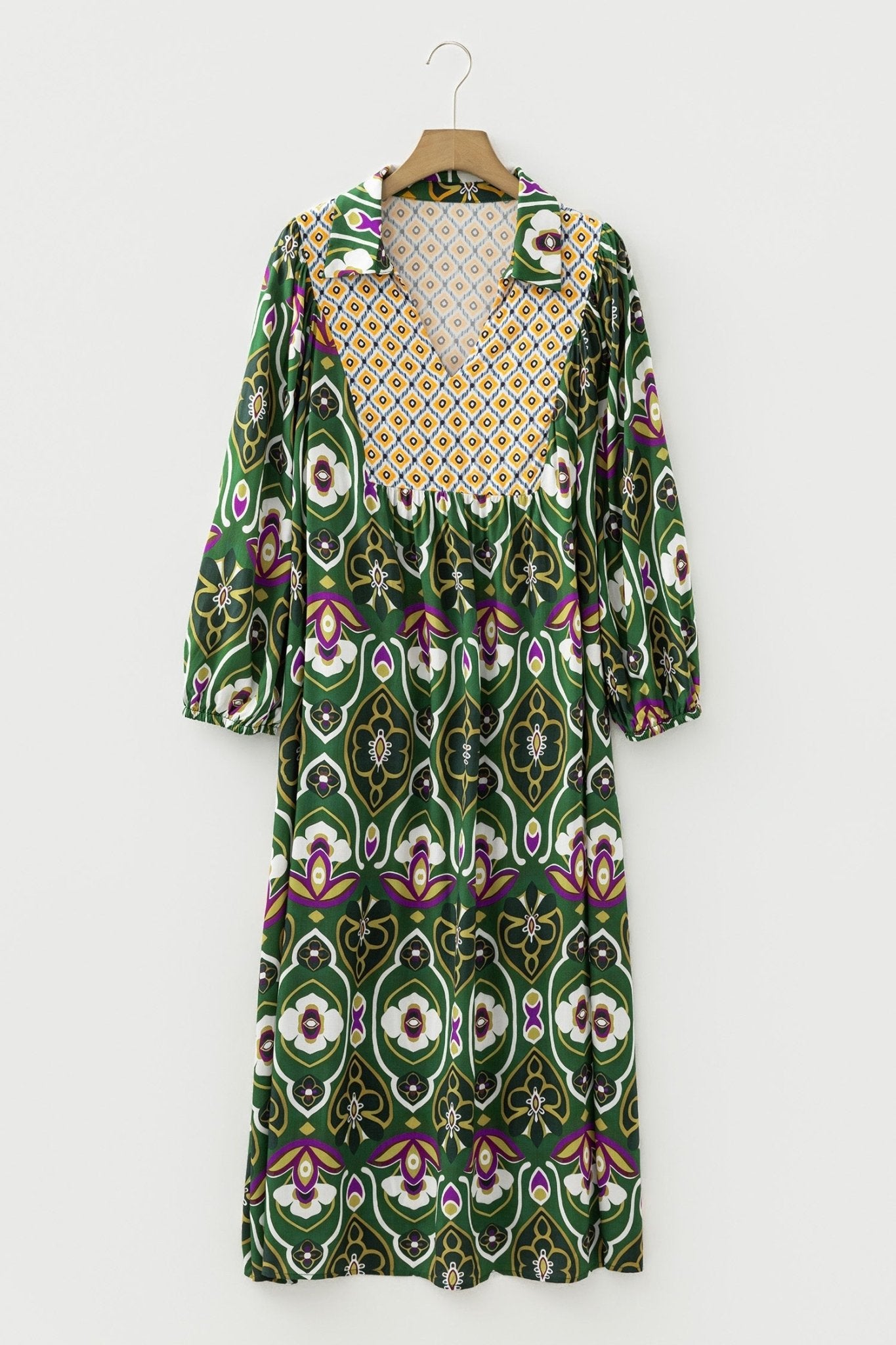 Plus Size Floral Patchwork Collared V-Neck Maxi Dress - Rooted & Reckless Co.
