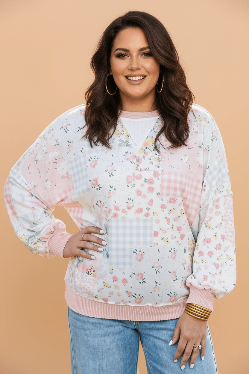 Plus Size Floral Patchwork Corded Knit Long Sleeve Top - Rooted & Reckless Co.
