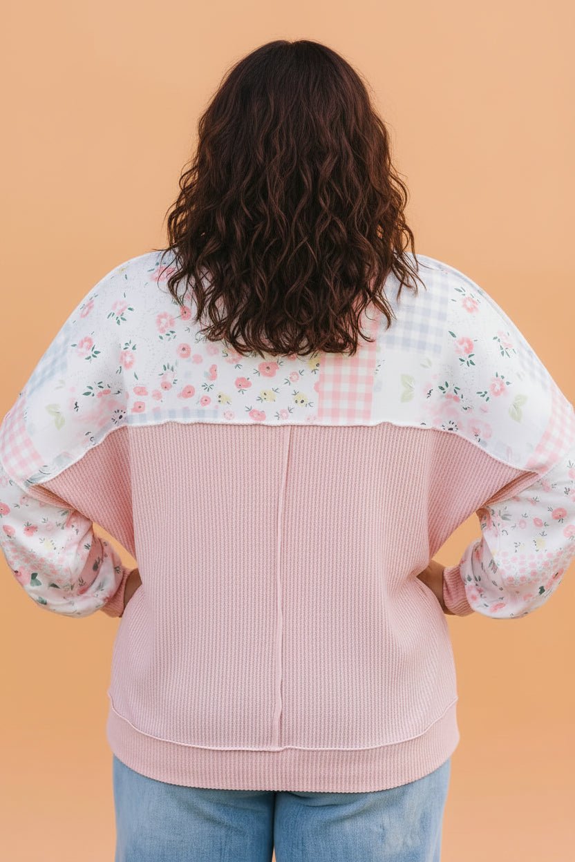 Plus Size Floral Patchwork Corded Knit Long Sleeve Top - Rooted & Reckless Co.