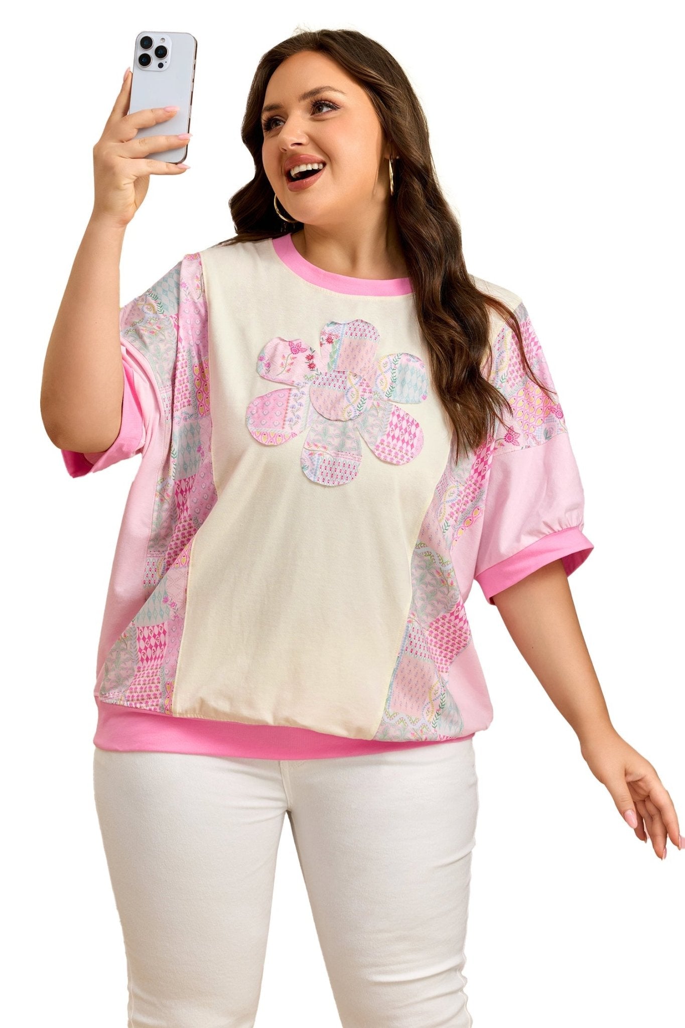 Plus Size Floral Patchwork Embroidered T-Shirt - Rooted & Reckless Co.
