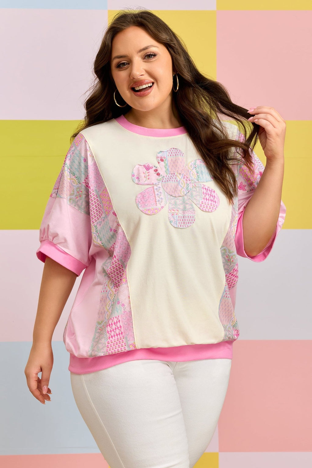 Plus Size Floral Patchwork Embroidered T-Shirt - Rooted & Reckless Co.