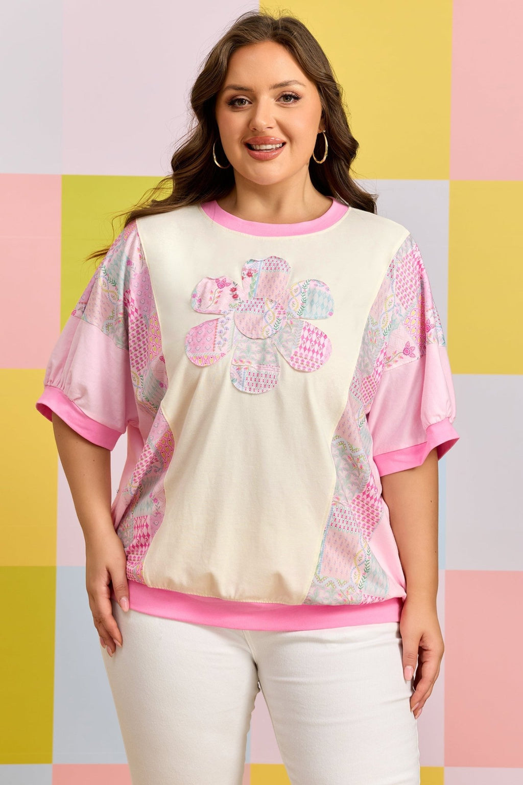 Plus Size Floral Patchwork Embroidered T-Shirt - Rooted & Reckless Co.