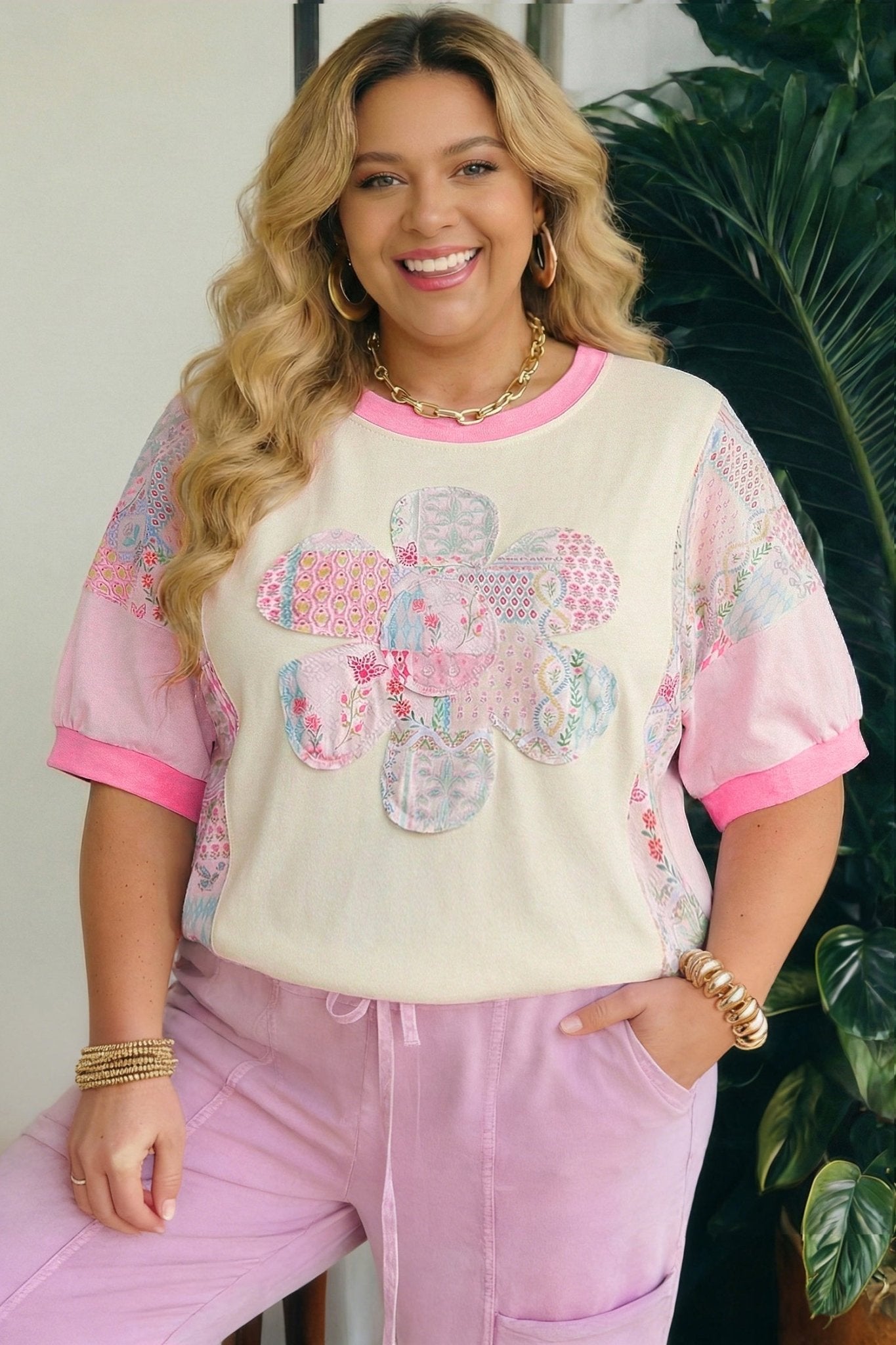 Plus Size Floral Patchwork Embroidered T-Shirt - Rooted & Reckless Co.