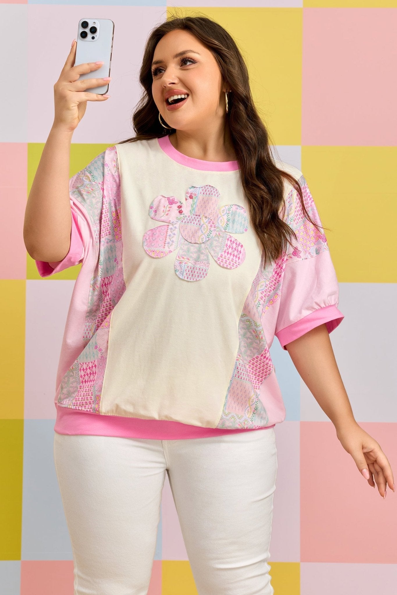 Plus Size Floral Patchwork Embroidered T-Shirt - Rooted & Reckless Co.