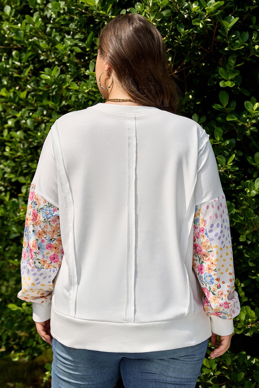 Plus Size Floral Patchwork Long Sleeve Reverse Seam Sweatshirt - Rooted & Reckless Co.