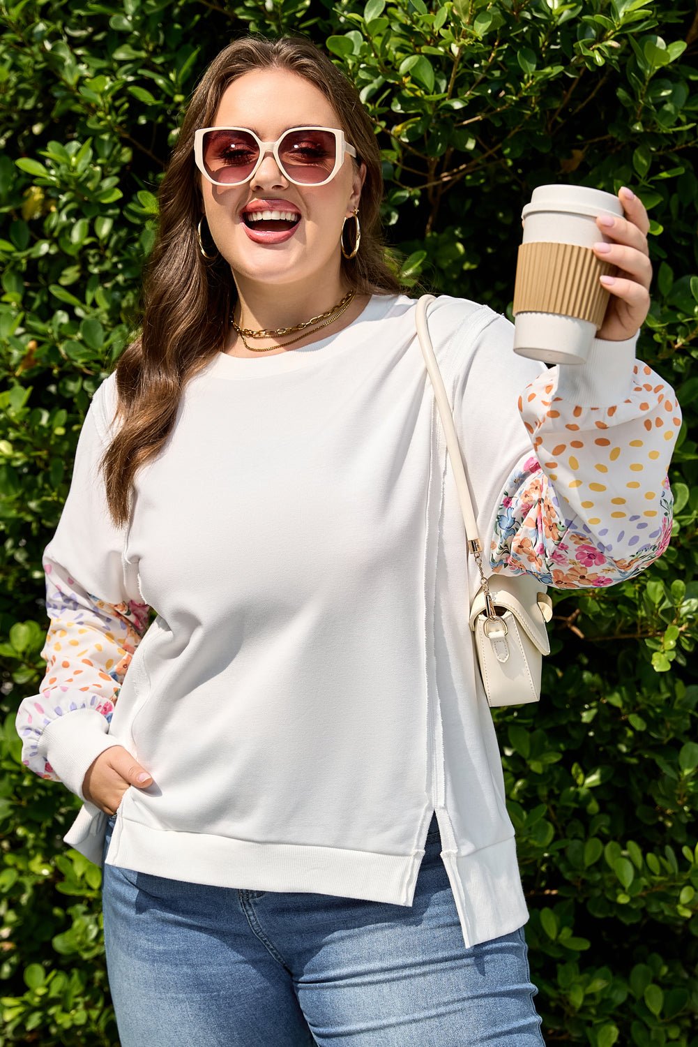 Plus Size Floral Patchwork Long Sleeve Reverse Seam Sweatshirt - Rooted & Reckless Co.