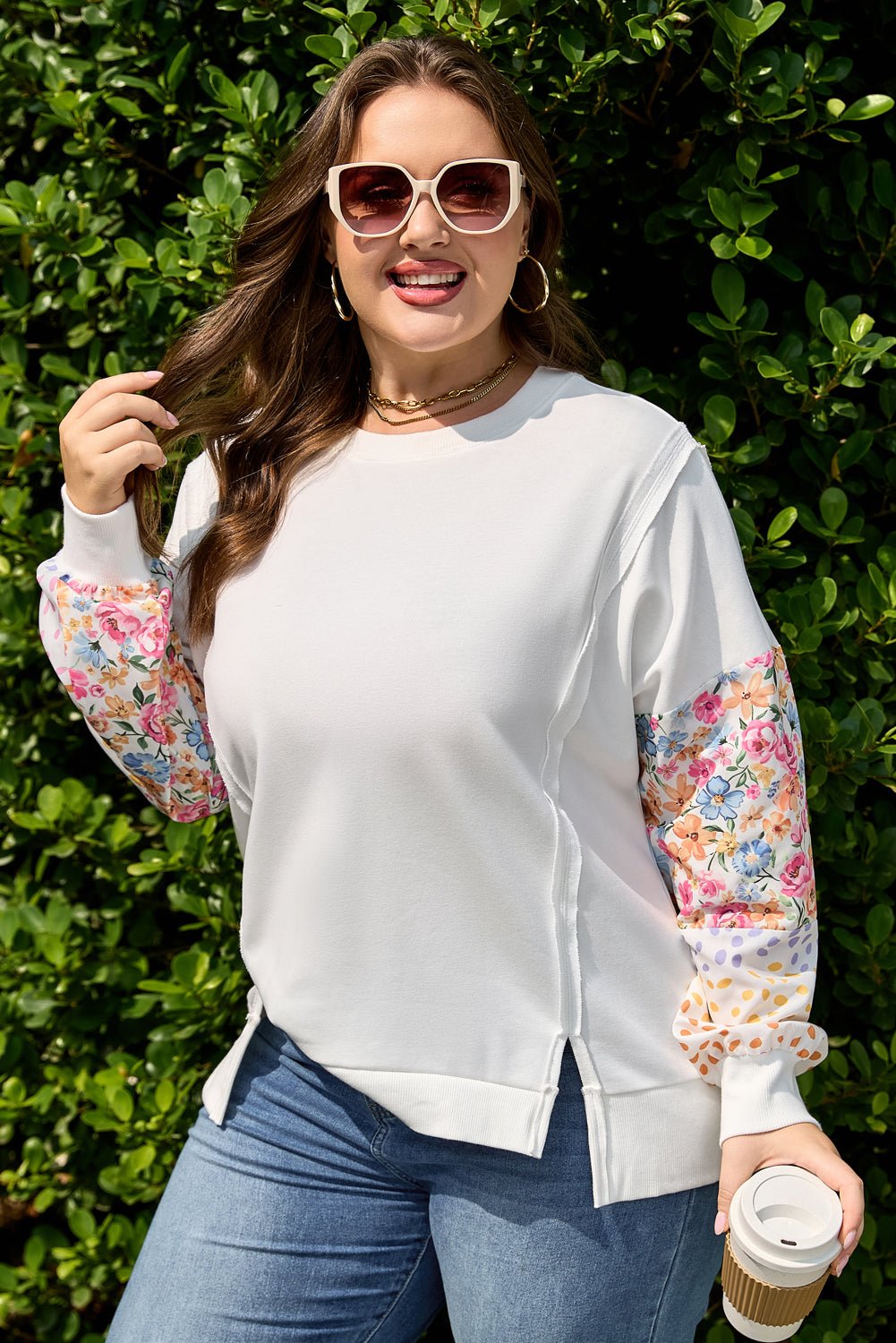 Plus Size Floral Patchwork Long Sleeve Reverse Seam Sweatshirt - Rooted & Reckless Co.